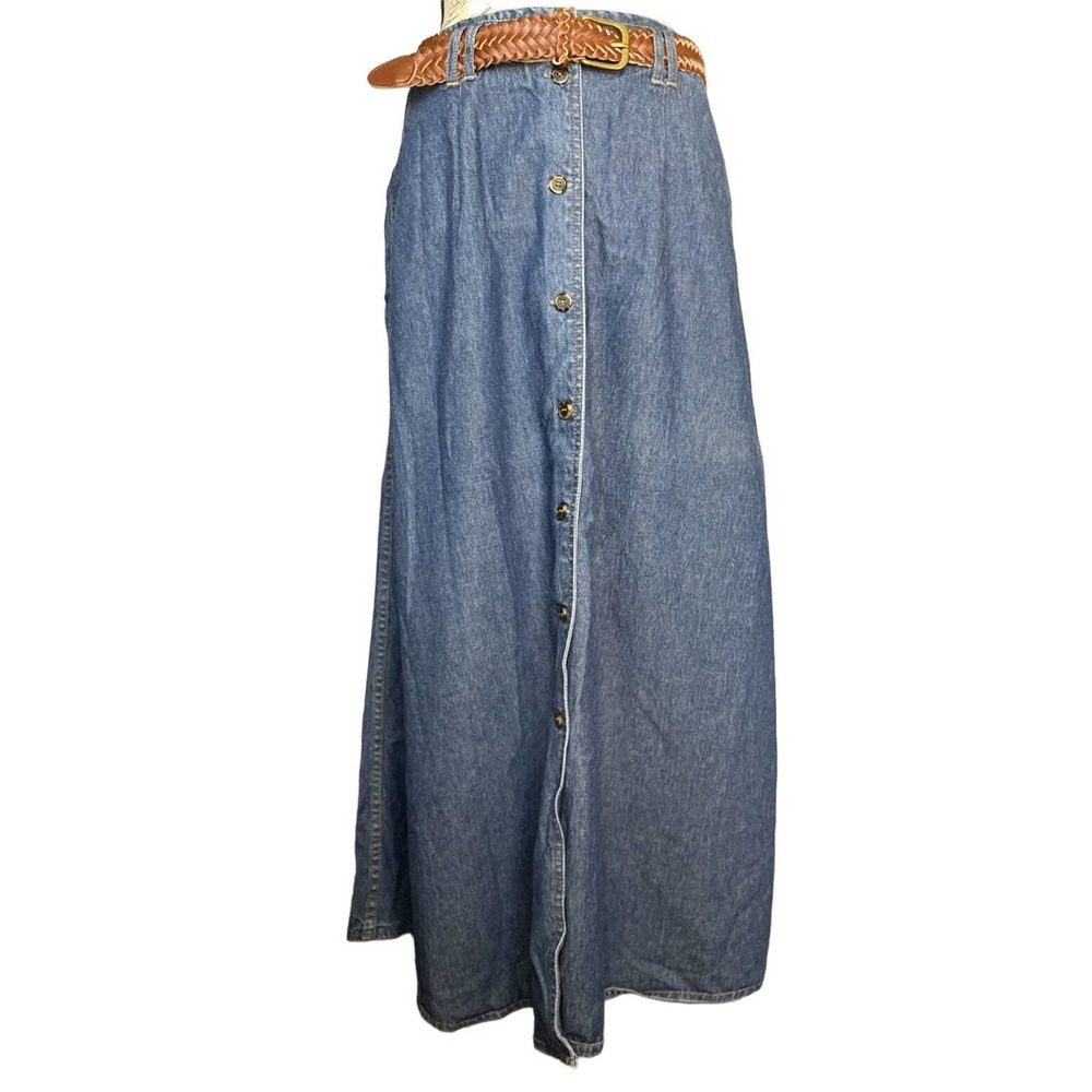 Vintage 80s New Denim Button Down Blue Prairie Western Skirt Medium Wash Size 14